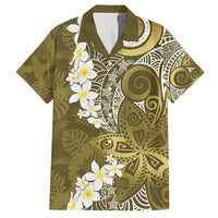 Gold Polynesian Tribal Frangipani Tropical Vibe Family Matching Off The Shoulder Long Sleeve Dress and Hawaiian Shirt