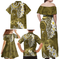 Gold Polynesian Tribal Frangipani Tropical Vibe Family Matching Off Shoulder Maxi Dress and Hawaiian Shirt
