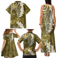 Gold Polynesian Tribal Frangipani Tropical Vibe Family Matching Tank Maxi Dress and Hawaiian Shirt