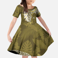 Gold Polynesian Tribal Frangipani Tropical Vibe Kid Short Sleeve Dress