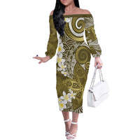 Gold Polynesian Tribal Frangipani Tropical Vibe Off The Shoulder Long Sleeve Dress