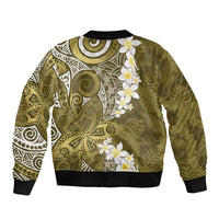 Gold Polynesian Tribal Frangipani Tropical Vibe Sleeve Zip Bomber Jacket