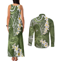 Green Polynesian Tribal Frangipani Tropical Vibe Couples Matching Tank Maxi Dress and Long Sleeve Button Shirt