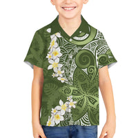 Green Polynesian Tribal Frangipani Tropical Vibe Family Matching Off The Shoulder Long Sleeve Dress and Hawaiian Shirt