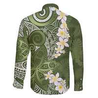 Green Polynesian Tribal Frangipani Tropical Vibe Family Matching Off Shoulder Short Dress and Hawaiian Shirt