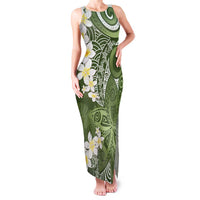 Green Polynesian Tribal Frangipani Tropical Vibe Family Matching Tank Maxi Dress and Hawaiian Shirt