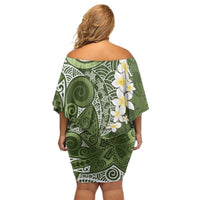 Green Polynesian Tribal Frangipani Tropical Vibe Off Shoulder Short Dress LT14 - Polynesian Pride