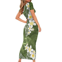 Green Polynesian Tribal Frangipani Tropical Vibe Short Sleeve Bodycon Dress