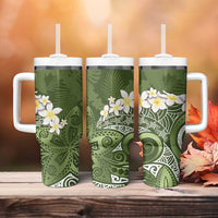 Green Polynesian Tribal Frangipani Tropical Vibe Tumbler With Handle LT14 - Polynesian Pride