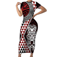 Red Aotearoa Niho Taniwha Family Matching Short Sleeve Bodycon Dress and Hawaiian Shirt Maori Mythology Tooth - Taniko Motifs