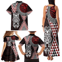 Red Aotearoa Niho Taniwha Family Matching Tank Maxi Dress and Hawaiian Shirt Maori Mythology Tooth - Taniko Motifs