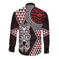 Red Aotearoa Niho Taniwha Long Sleeve Button Shirt Maori Mythology Tooth - Taniko Motifs LT14 - Polynesian Pride