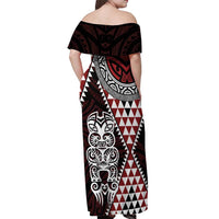Red Aotearoa Niho Taniwha Off Shoulder Maxi Dress Maori Mythology Tooth - Taniko Motifs LT14 - Polynesian Pride