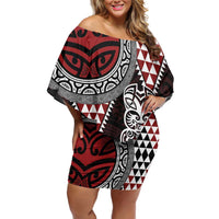 Red Aotearoa Niho Taniwha Off Shoulder Short Dress Maori Mythology Tooth - Taniko Motifs LT14 Women Red - Polynesian Pride