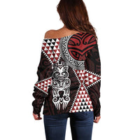 Red Aotearoa Niho Taniwha Off Shoulder Sweater Maori Mythology Tooth - Taniko Motifs