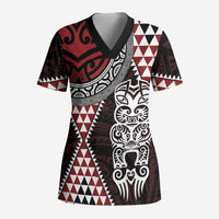 Red Aotearoa Niho Taniwha Scrub Top Maori Mythology Tooth - Taniko Motifs LT14 Adult Red - Polynesian Pride