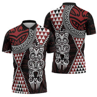 Red Aotearoa Niho Taniwha Zipper Polo Shirt Maori Mythology Tooth - Taniko Motifs - Polynesian Pride