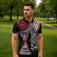 Red Aotearoa Niho Taniwha Zipper Polo Shirt Maori Mythology Tooth - Taniko Motifs - Polynesian Pride