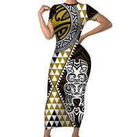 Yellow Aotearoa Niho Taniwha Short Sleeve Bodycon Dress Maori Mythology Tooth - Taniko Motifs