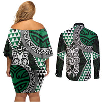 Green Aotearoa Niho Taniwha Couples Matching Off Shoulder Short Dress and Long Sleeve Button Shirt Maori Mythology Tooth - Taniko Motifs