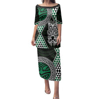 Green Aotearoa Niho Taniwha Family Matching Puletasi and Hawaiian Shirt Maori Mythology Tooth - Taniko Motifs