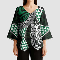 Green Aotearoa Niho Taniwha Kimono Sleeve Blouse Maori Mythology Tooth - Taniko Motifs - Polynesian Pride