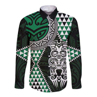 Green Aotearoa Niho Taniwha Long Sleeve Button Shirt Maori Mythology Tooth - Taniko Motifs LT14 Unisex Green - Polynesian Pride