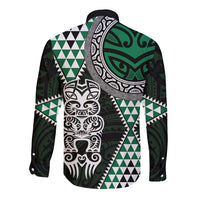 Green Aotearoa Niho Taniwha Long Sleeve Button Shirt Maori Mythology Tooth - Taniko Motifs LT14 - Polynesian Pride