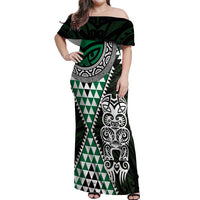 Green Aotearoa Niho Taniwha Off Shoulder Maxi Dress Maori Mythology Tooth - Taniko Motifs LT14 Women Green - Polynesian Pride