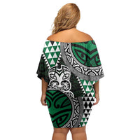 Green Aotearoa Niho Taniwha Off Shoulder Short Dress Maori Mythology Tooth - Taniko Motifs LT14 - Polynesian Pride