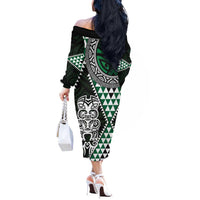 Green Aotearoa Niho Taniwha Off The Shoulder Long Sleeve Dress Maori Mythology Tooth - Taniko Motifs
