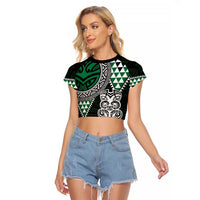 Green Aotearoa Niho Taniwha Raglan Cropped T Shirt Maori Mythology Tooth - Taniko Motifs LT14 Female Green - Polynesian Pride