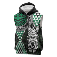 Green Aotearoa Niho Taniwha Sleeveless Zip Hoodie Maori Mythology Tooth - Taniko Motifs LT14 Green - Polynesian Pride