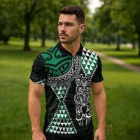 Green Aotearoa Niho Taniwha Zipper Polo Shirt Maori Mythology Tooth - Taniko Motifs - Polynesian Pride