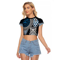 Blue Aotearoa Niho Taniwha Raglan Cropped T Shirt Maori Mythology Tooth - Taniko Motifs LT14 Female Blue - Polynesian Pride