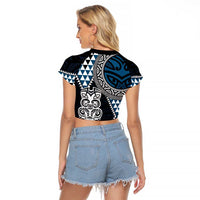 Blue Aotearoa Niho Taniwha Raglan Cropped T Shirt Maori Mythology Tooth - Taniko Motifs LT14 - Polynesian Pride