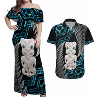 Aotearoa Taniko Paua Shell With Hei Tiki Couples Matching Off Shoulder Maxi Dress and Hawaiian Shirt LT14 Black - Polynesian Pride