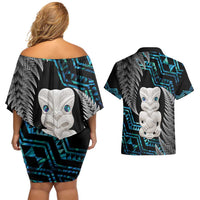 Aotearoa Taniko Paua Shell With Hei Tiki Couples Matching Off Shoulder Short Dress and Hawaiian Shirt LT14 - Polynesian Pride