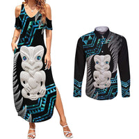 Aotearoa Taniko Paua Shell With Hei Tiki Couples Matching Summer Maxi Dress and Long Sleeve Button Shirt LT14 Black - Polynesian Pride
