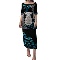 Aotearoa Taniko Paua Shell With Hei Tiki Puletasi LT14 Long Dress Black - Polynesian Pride