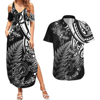 New Zealand Lizard Couples Matching Summer Maxi Dress and Hawaiian Shirt Silver Fern Aotearoa Maori LT14 Black - Polynesian Pride