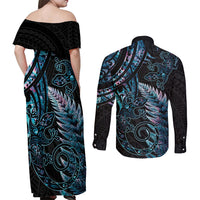 New Zealand Lizard Couples Matching Off Shoulder Maxi Dress and Long Sleeve Button Shirt Silver Fern Aotearoa Maori With Paua Shell LT14 - Polynesian Pride