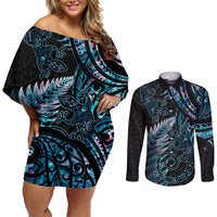 New Zealand Lizard Couples Matching Off Shoulder Short Dress and Long Sleeve Button Shirt Silver Fern Aotearoa Maori With Paua Shell LT14 Turquoise - Polynesian Pride