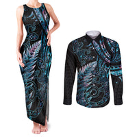 New Zealand Lizard Couples Matching Tank Maxi Dress and Long Sleeve Button Shirt Silver Fern Aotearoa Maori With Paua Shell LT14 Turquoise - Polynesian Pride