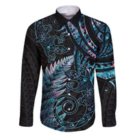 New Zealand Lizard Family Matching Off The Shoulder Long Sleeve Dress and Hawaiian Shirt Silver Fern Aotearoa Maori With Paua Shell LT14 Dad's Shirt - Long Sleeve Turquoise - Polynesian Pride