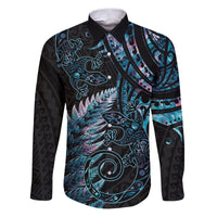 New Zealand Lizard Family Matching Puletasi and Hawaiian Shirt Silver Fern Aotearoa Maori With Paua Shell LT14 Dad's Shirt - Long Sleeve Turquoise - Polynesian Pride