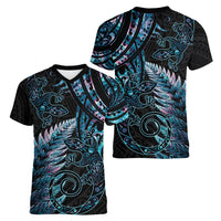 New Zealand Lizard Women V Neck T Shirt Silver Fern Aotearoa Maori With Paua Shell LT14 - Polynesian Pride