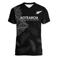New Zealand Haka Rugby Women V Neck T Shirt 2024 Pacific Go Black Silver Fern LT14 Female Black - Polynesian Pride