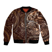 Personalised Polynesia Zodiac Capricorn Bomber Jacket Galaxy Polynesian Pattern Chest Tattoo Style LT14 Unisex Brown - Polynesian Pride