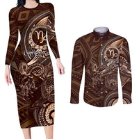 Personalised Polynesia Zodiac Capricorn Couples Matching Long Sleeve Bodycon Dress and Long Sleeve Button Shirt Galaxy Polynesian Pattern Chest Tattoo Style